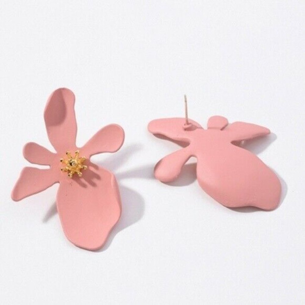 Large Pink Gold Flower Stud Summer Earrings